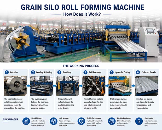 Grain silo roll forming machine working process for steel silo panel manufacturing production line