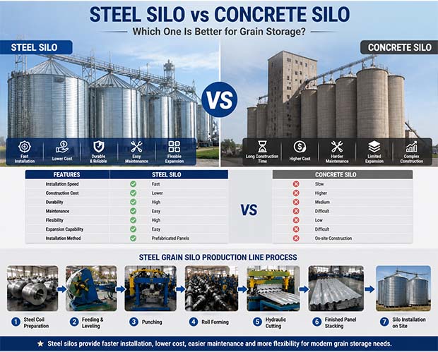 Steel silo vs concrete silo comparison showing grain storage solutions and advantages of steel grain silos