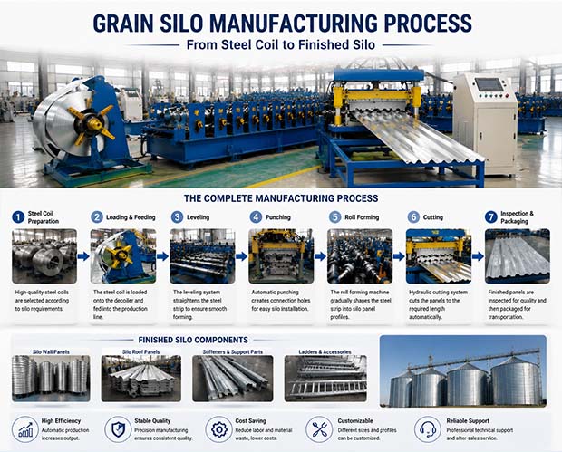 Grain silo manufacturing process from steel coil preparation to finished steel silo production line
